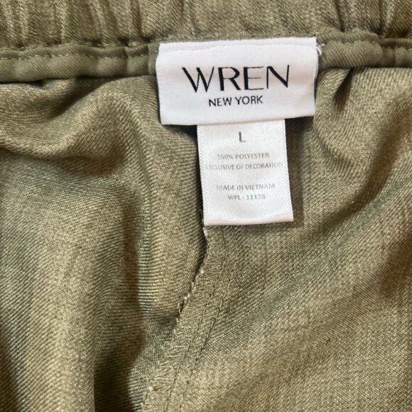WREN Pants L Olive Green Wide-Leg Embroidered Hem Drawstring Waist Boho - Picture 4 of 5